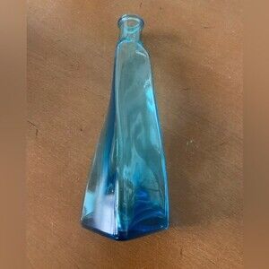 Vintage Coastal Nautical  Blue Glass Twisted Triangular Bottle Vase